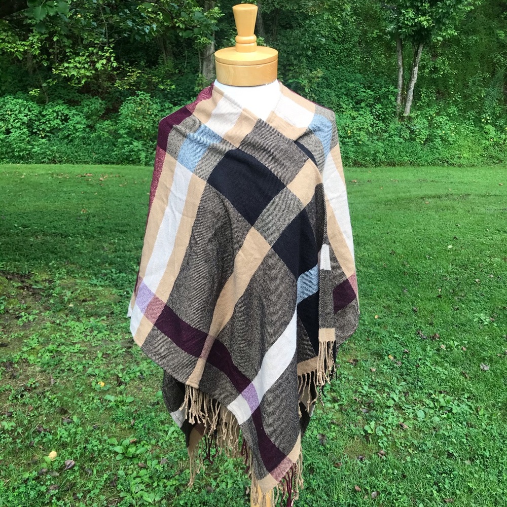Black Beige & Red Plaid Cape Wrap with Fringe